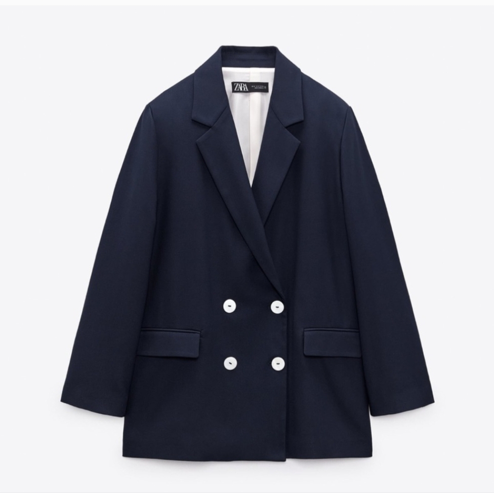 Zara NWT navy blue double breasted oversized blazer Blogger favorite, size XS
